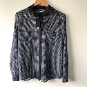 LOFT Navy Polka Dot Button Up Black Ruffle Neck